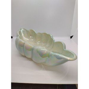 Console dish leaf style long bowl iridescent pastel mid century 15"